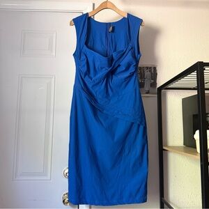 ROCK STEADY blue cobalt royal stretch bodycon square neck sheath midi dress